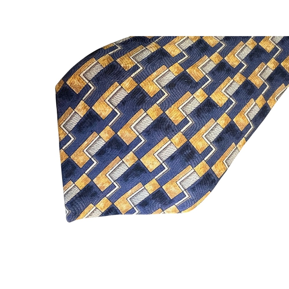 Infused 100% Silk‎ Tie Geometric Blue Gold Gray Pattern Made in USA Vintage